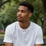 Jovem homem negro de cabelo curto e camiseta branca, inscrito do PW Club